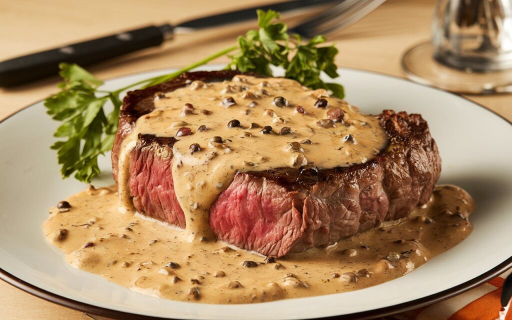 steak with creamy peppercorn sauce